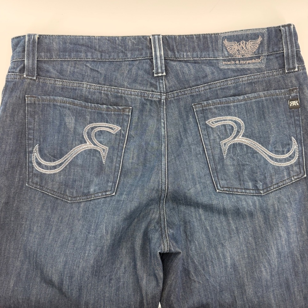 Rock & Republic Mens Neil Dark Wash Straight Leg Embroidered Jeans Size 38x34.5
